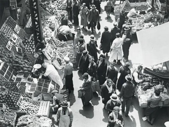 Vintage black & white photo of Paddy's Market.