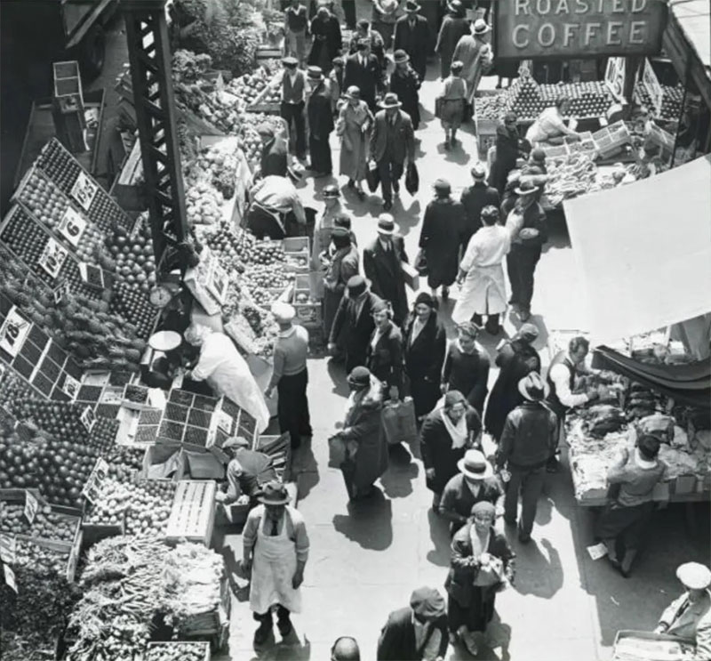 Black and white photo of Paddy's Market Historic District.